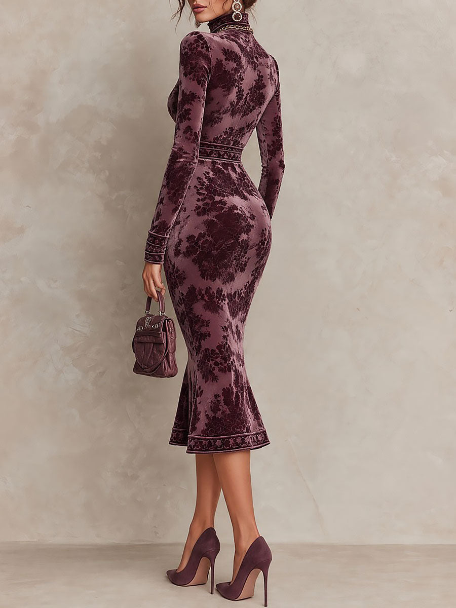 Retro Floral Print Velvet Mock Neck Long Sleeve Mermaid Midi Dress