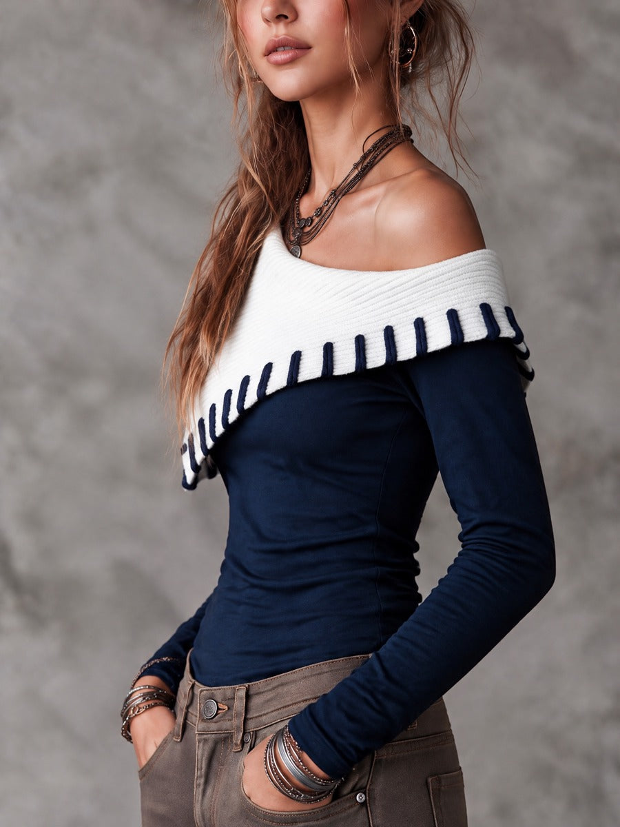 Women's Navy Asymmetric Fold-Over Collar Off-Shoulder Long Sleeve Top With Contrast Stitch Trim