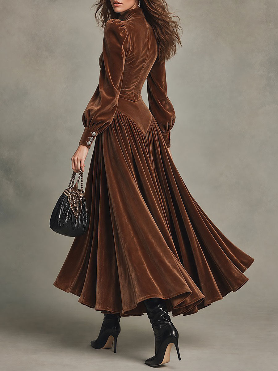 Vintage Brown Velvet Puff Long Sleeves Maxi Dress with Button Front