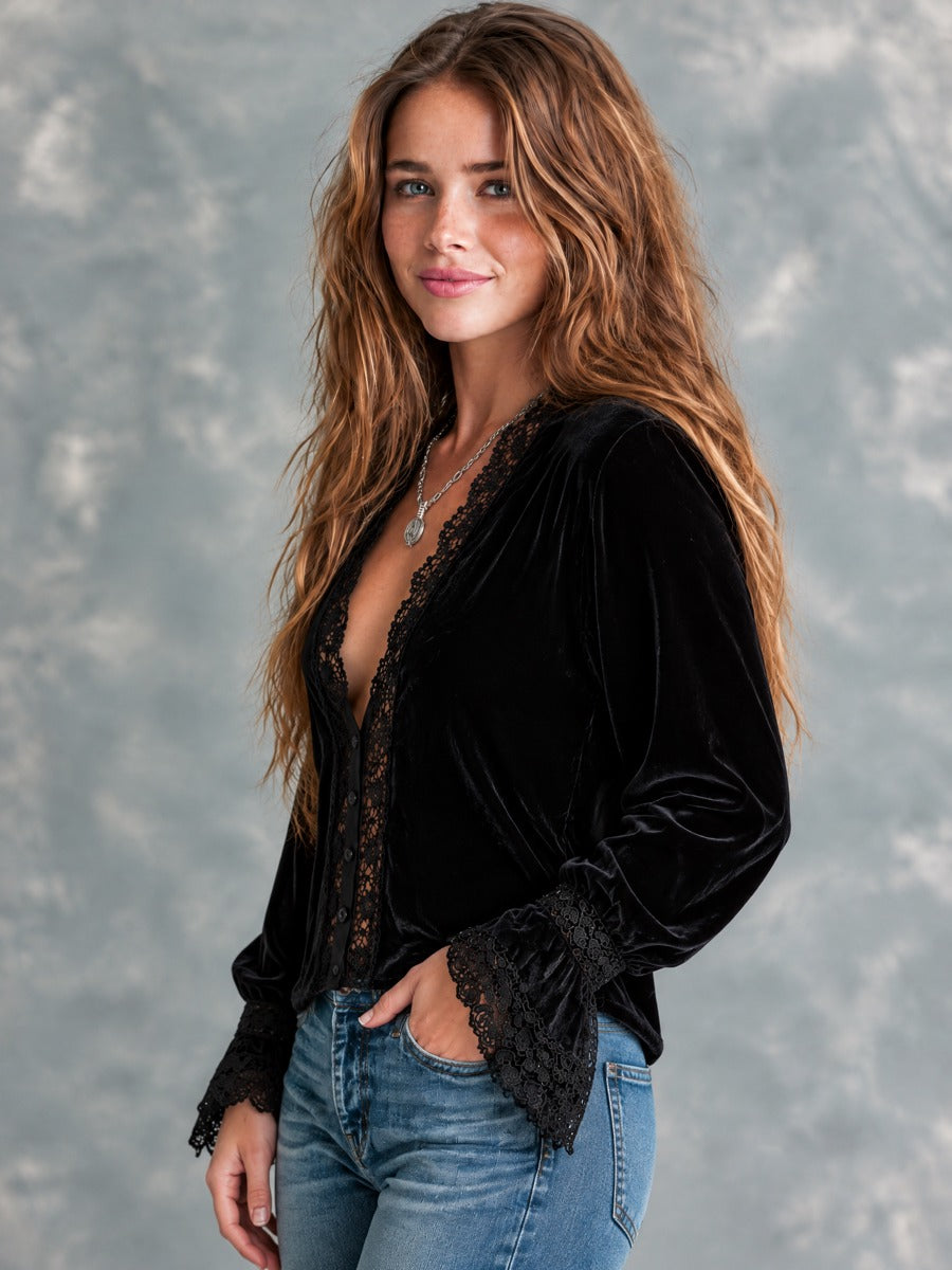 Boho Black Velvet Lace Trim Button-Front Long Sleeve Blouse