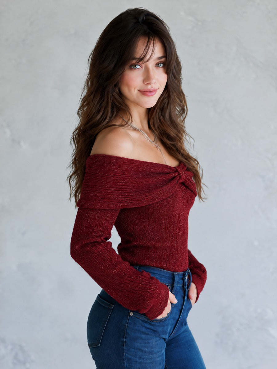 Boho Burgundy Off-Shoulder Bow Knot Sparkle Knit Sweater