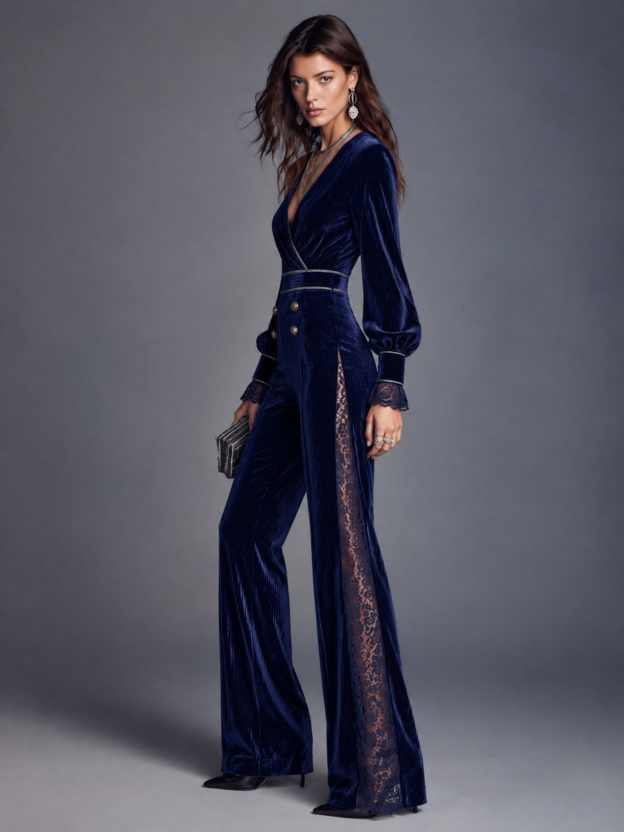 Navy Velvet Surplice V-Neck Wide Leg Jumpsuit with Lace Trim and Bishop Sleeves