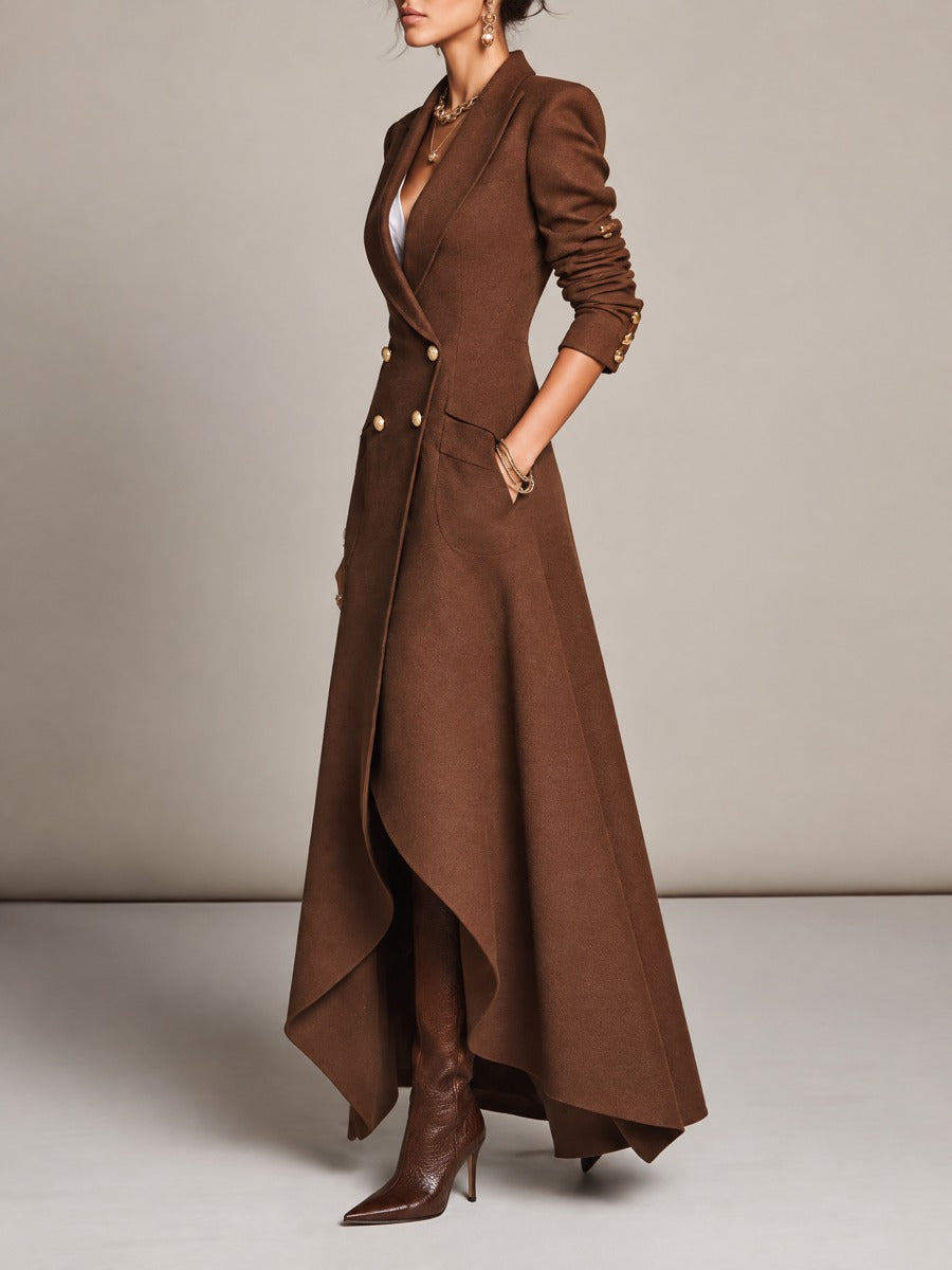 Women's Brown Double-Breasted Gold Buttons Blazer Maxi Dress With Asymmetric Hem