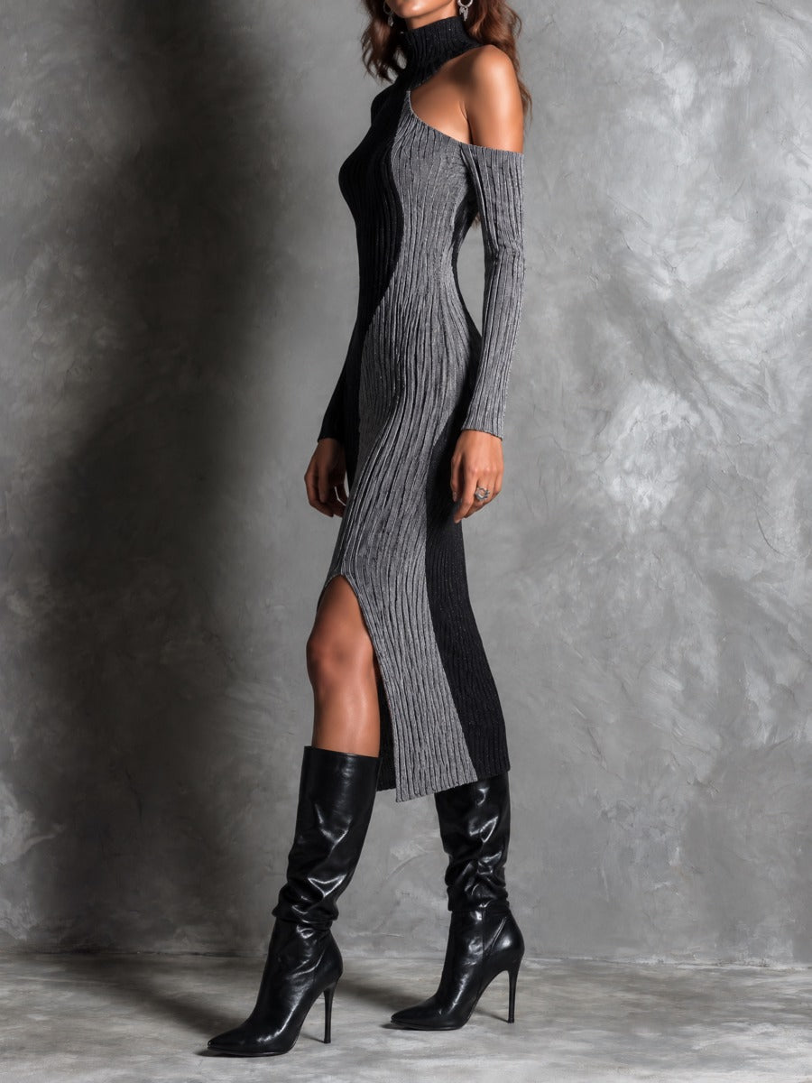 Chic Colorblock Ribbed Knit Turtleneck Cold Shoulder Midi Sweater Dress