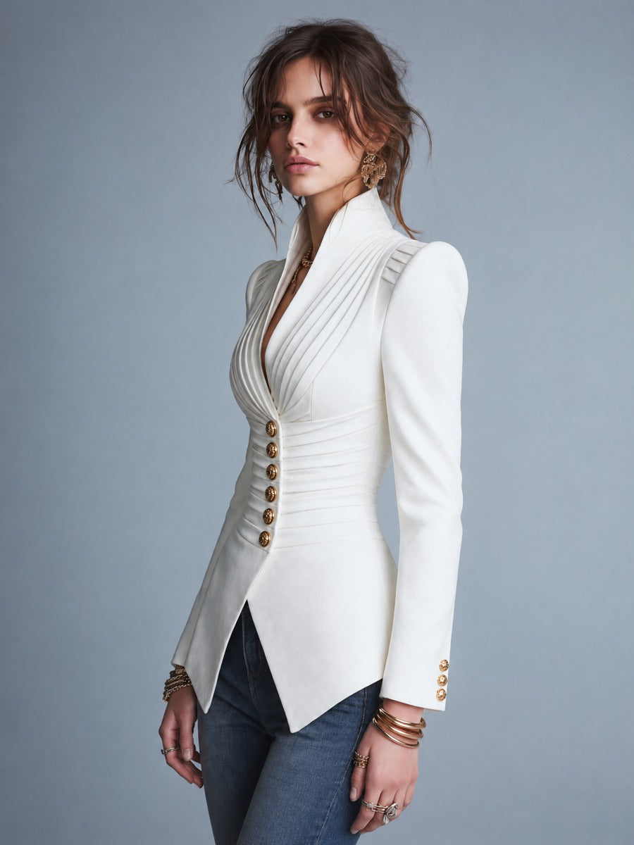 Ivory Tailored Pleated Slim Fit Blazer Jacket With Structured Shoulder