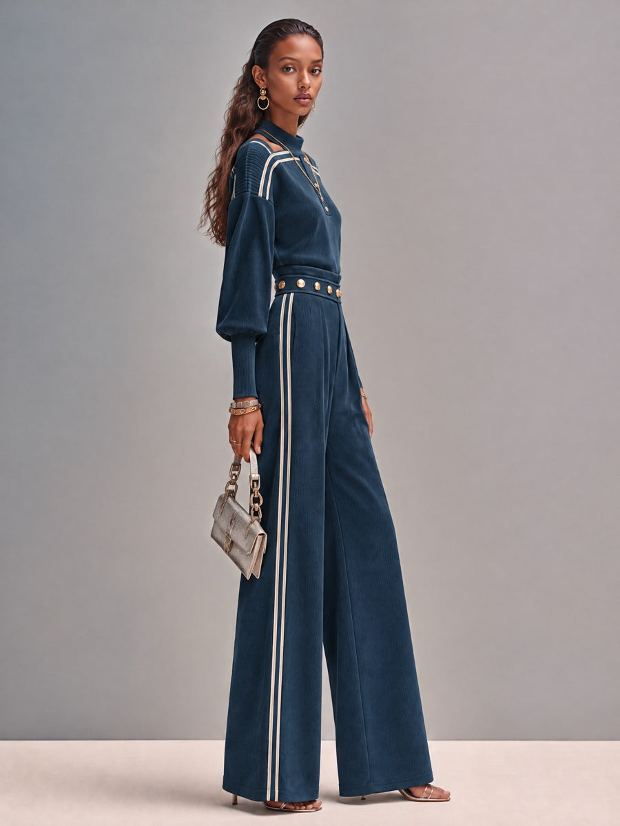 Navy Ribbed Cold-Shoulder Top and Wide-Leg Pants Set with Gold Button Details