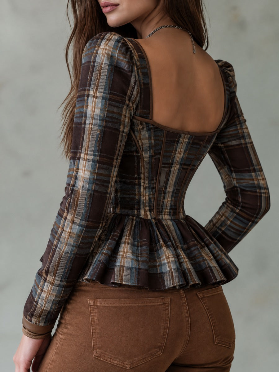 Brown Blue Plaid Corset Peplum Puff Sleeves Top with Front Zipper