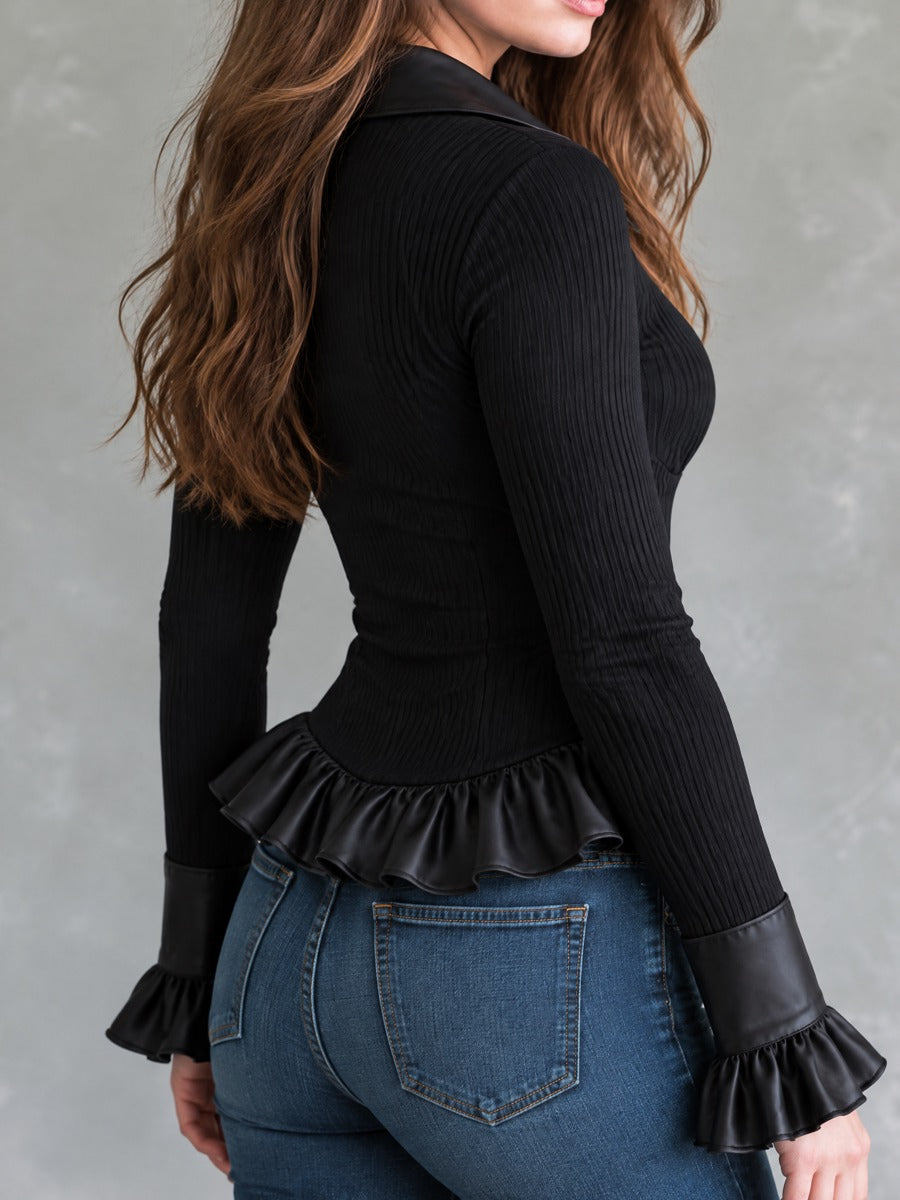 Black Ribbed Knit Cardigan With Satin Lapel And Ruffle Hem