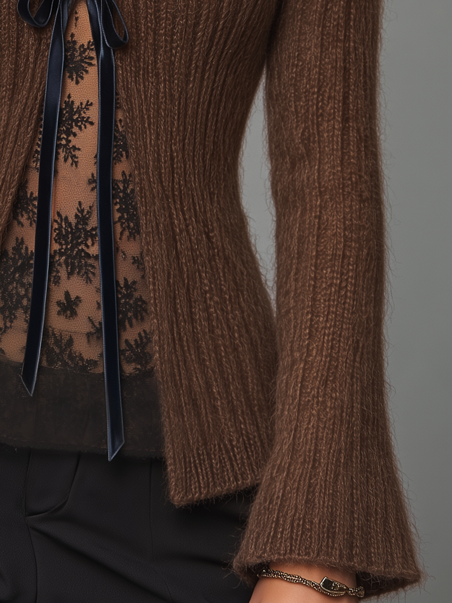 Vintage Chocolate Brown Ribbed Knit Bow Tie Front Cardigan