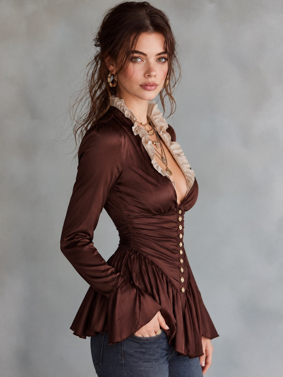 Chocolate Brown Satin Ruffle Collar Plunge Peplum Top With Gold Buttons