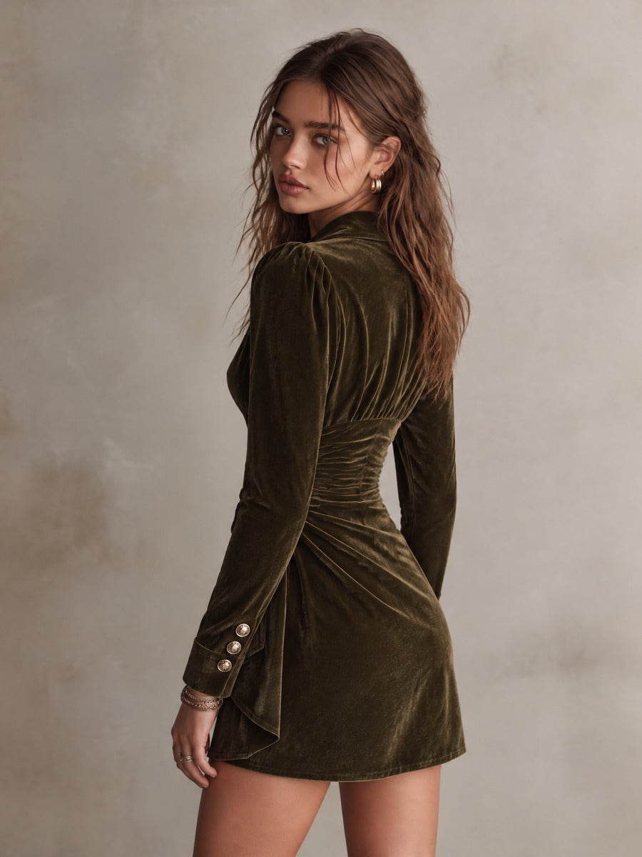 Olive Green Velvet Plunging Lapel Long Sleeve Mini Dress With Draped Side Buttons