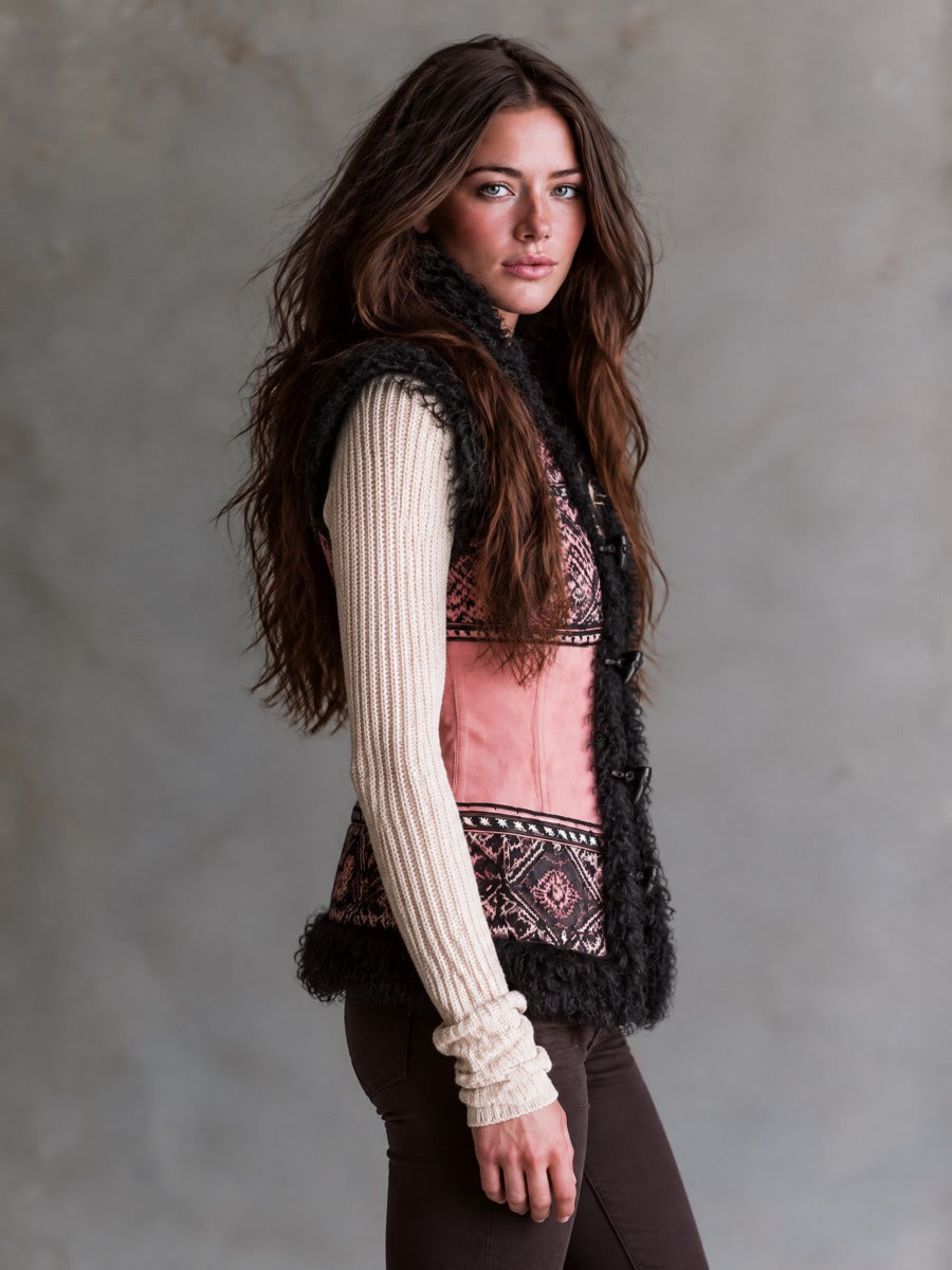 Boho Pink Geometric Patchwork Vest With Black Faux Shearling Trim