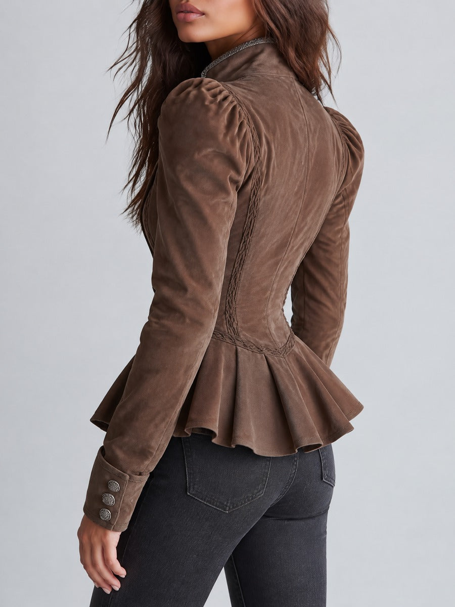 Vintage Double-Breasted Faux Suede Peplum Jacket