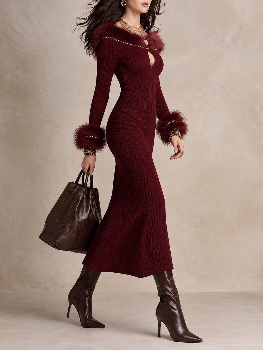 Burgundy Off-Shoulder Faux Fur Trim Keyhole Ribbed Knit Midi Dress