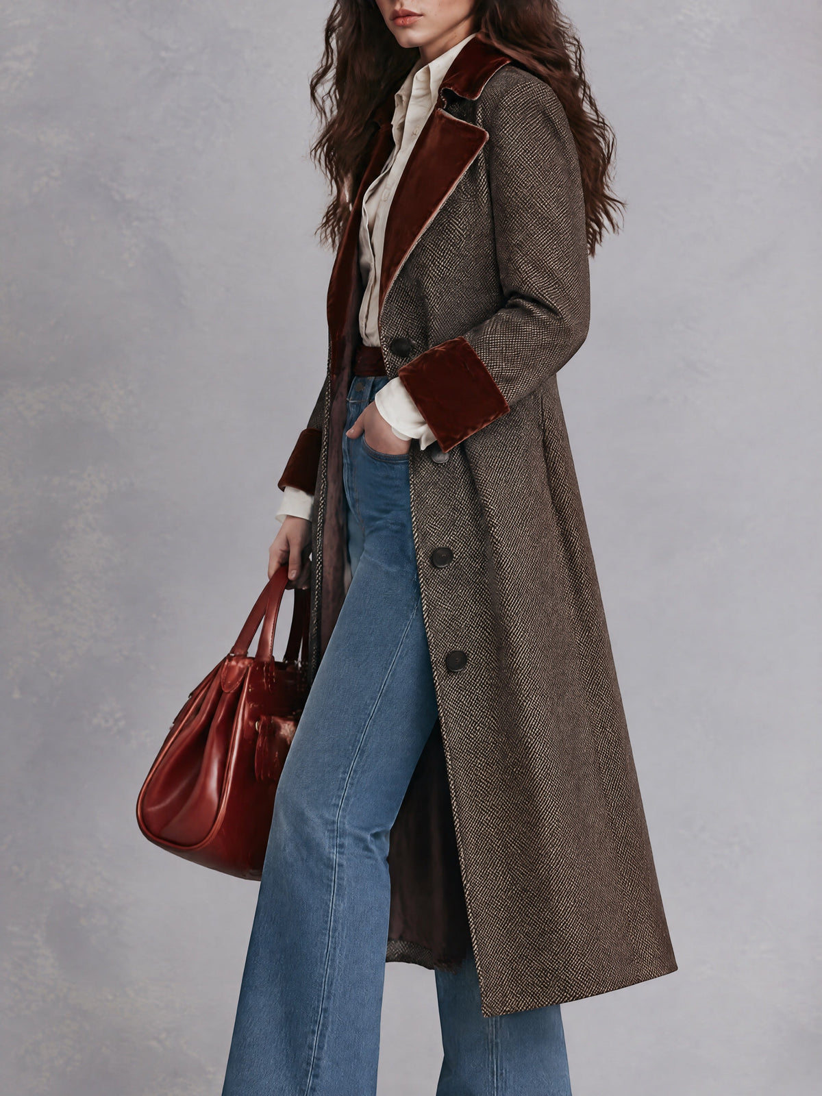 Vintage Brown Herringbone Long Coat With Rust Velvet Lapels And Cuffs