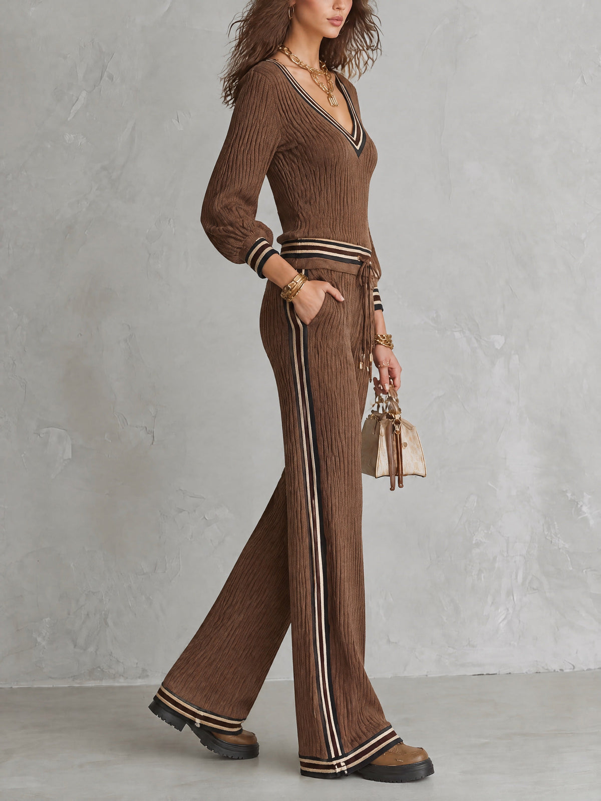 Striped Trim V-Neck Sweater And Wide-Leg Drawstring Pants Knit Two-Piece Set