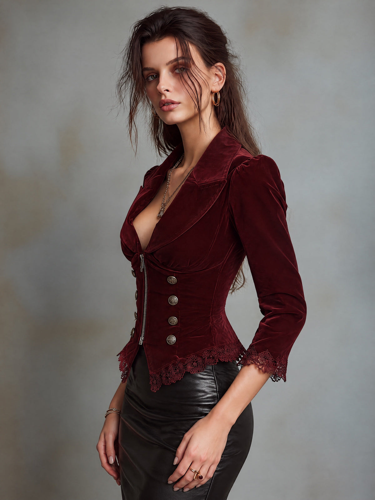 Burgundy Velvet Zip-Front Jacket With Lace Trim And Military Buttons