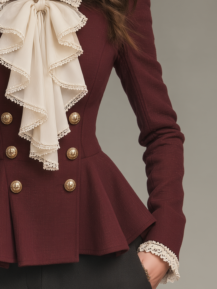 Elegant Burgundy Ruffle Bow Front Double Breasted Peplum Blazer
