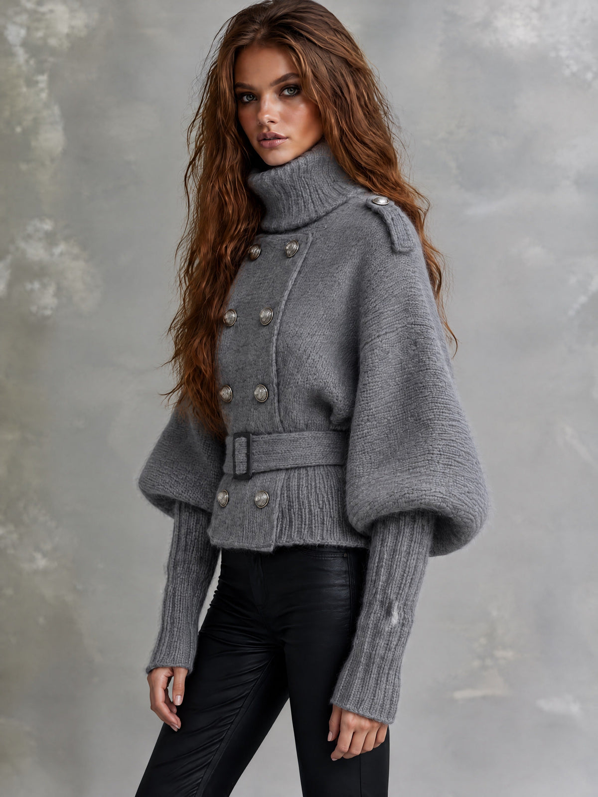 Retro Grey Knit Turtleneck Double-Breasted Belted Jacket With Puff Sleeves