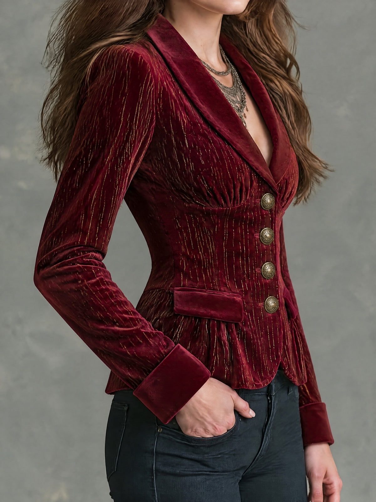 Vintage Shawl Collar Burgundy Velvet Blazer With Gold Pinstrip