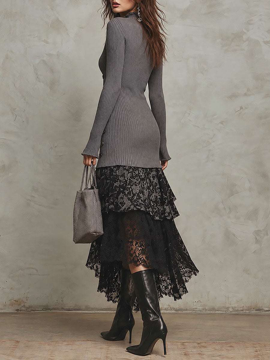 Boho High Neck Decorative Buttons Ribbed Maxi Dress with Lace-paneled Hem