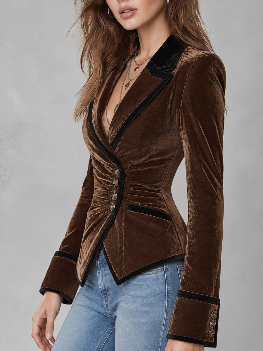 Vintage Black Piped Trim Ruched Waist Velvet Blazer