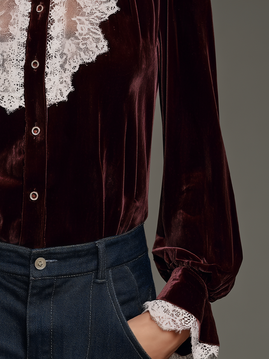 Romantic Burgundy Velvet Lace Panel Button Front Blouse