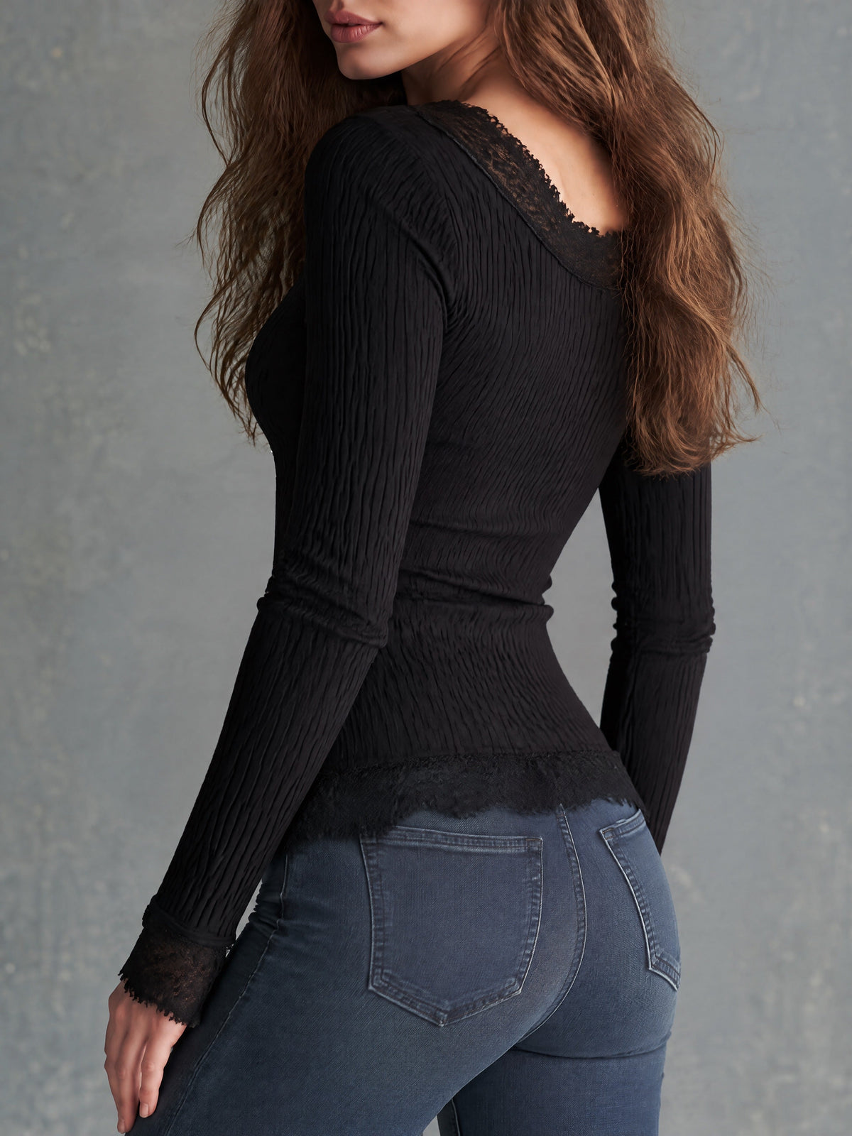 Boho Chic Black Ribbed Knit Lace-Trim Buttons Top