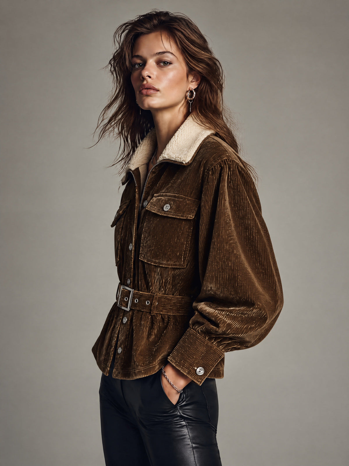 Women's Brown Corduroy Belted Jacket with Sherpa Collar