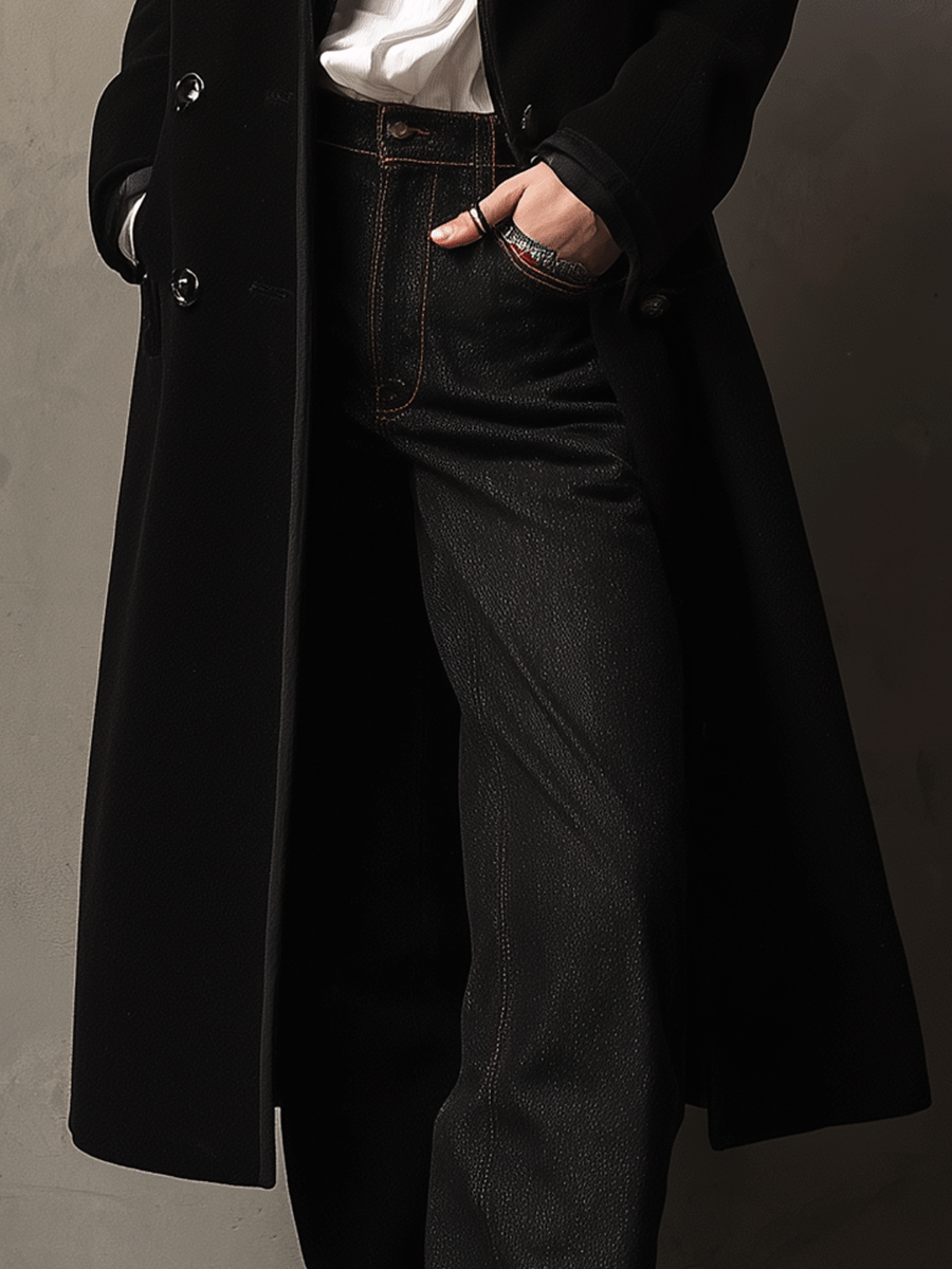 Classic Black Long Wool Tailored Silhouette Coat