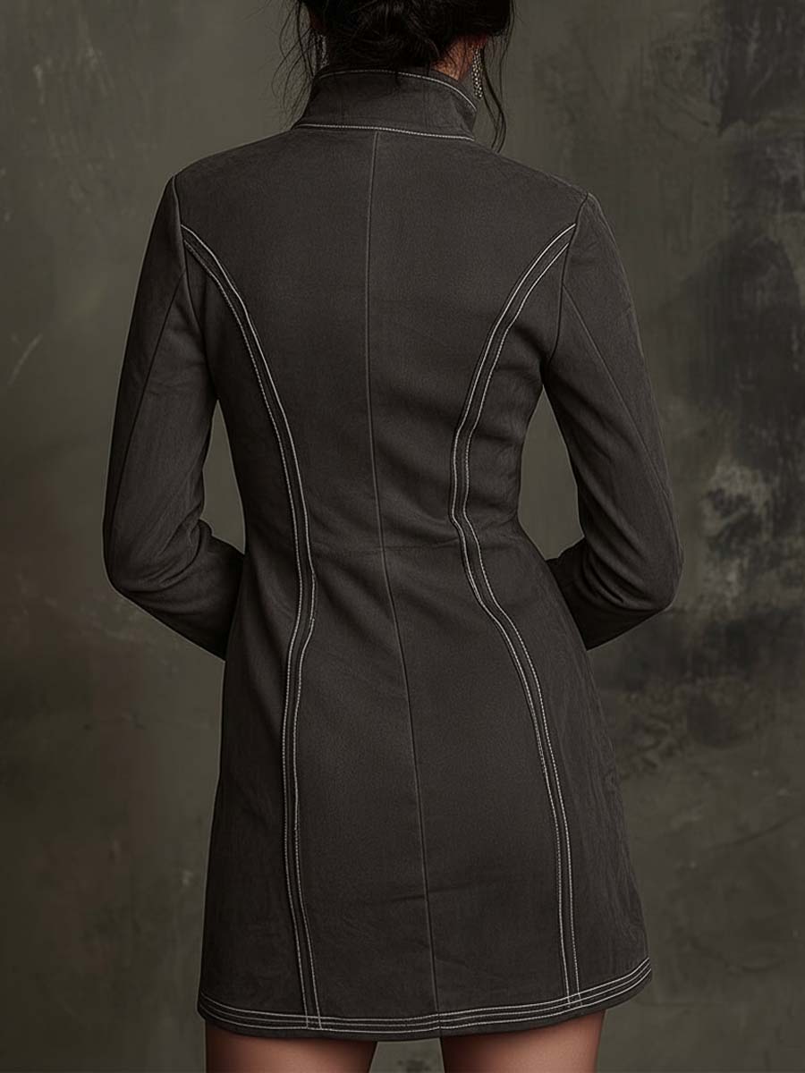 Charcoal Gray Embroidered Zip-Up Suede Mini Dress