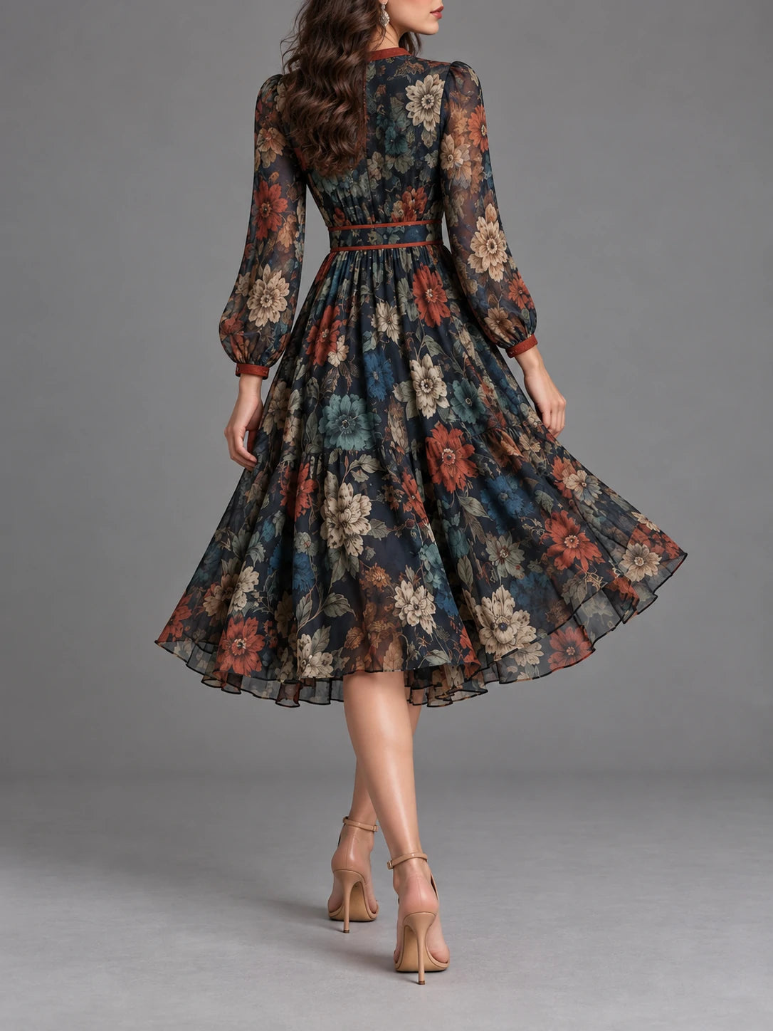 Vintage Floral V-Neck Swing Midi Dress