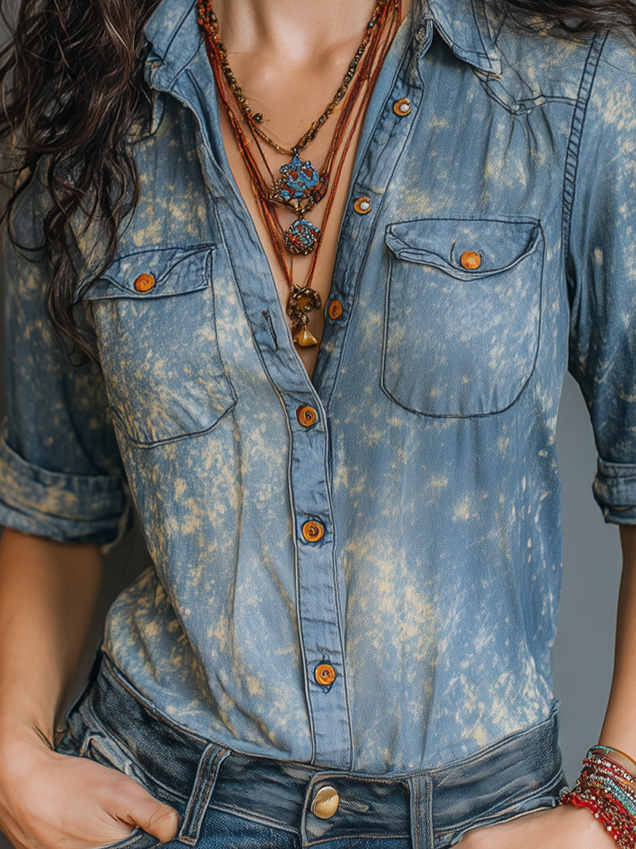 Retro Mottled Pockets Washed Denim Blouse