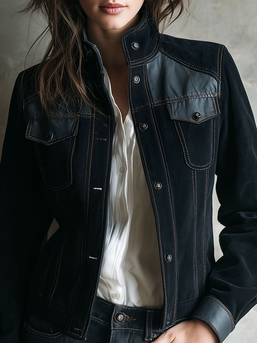 Chic Microsuede And Eco Leather Patchwork Jacket With Contrast Stitching