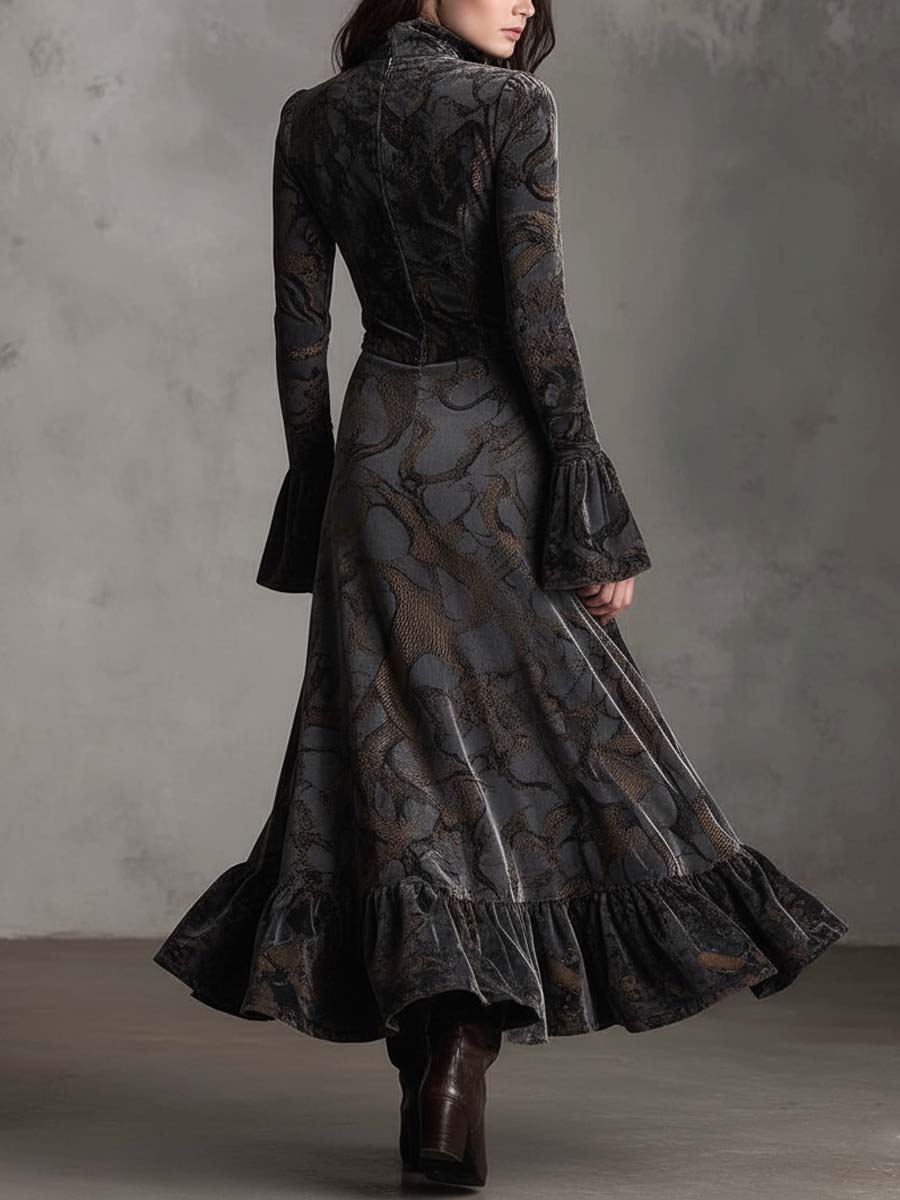 Vintage Snake-Print Velvet Maxi Dress