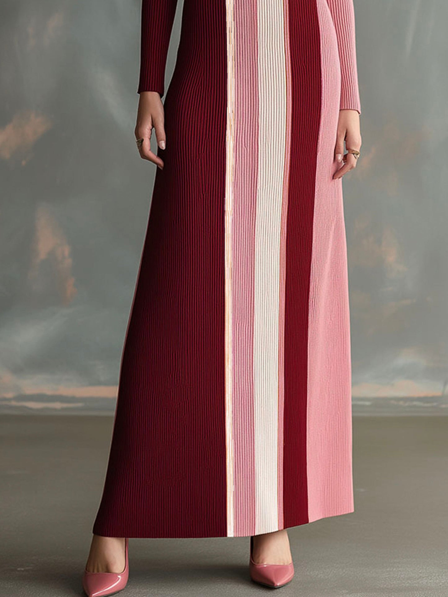 Elegant Color Block Turtleneck Ribbed Knit Maxi Dress