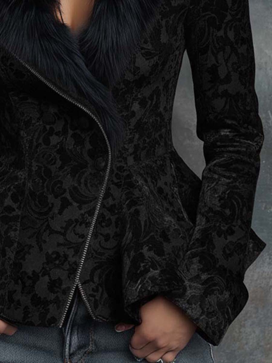 Black Jacquard Peplum Jacket With Velvet Collar