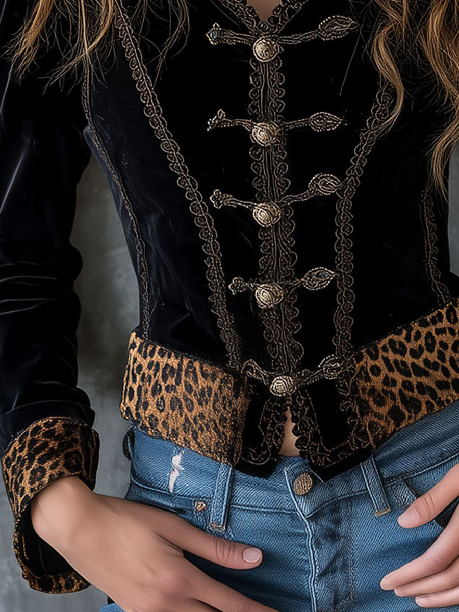 Vintage Baroque Leopard Print Trim Black Velvet Military Blazer