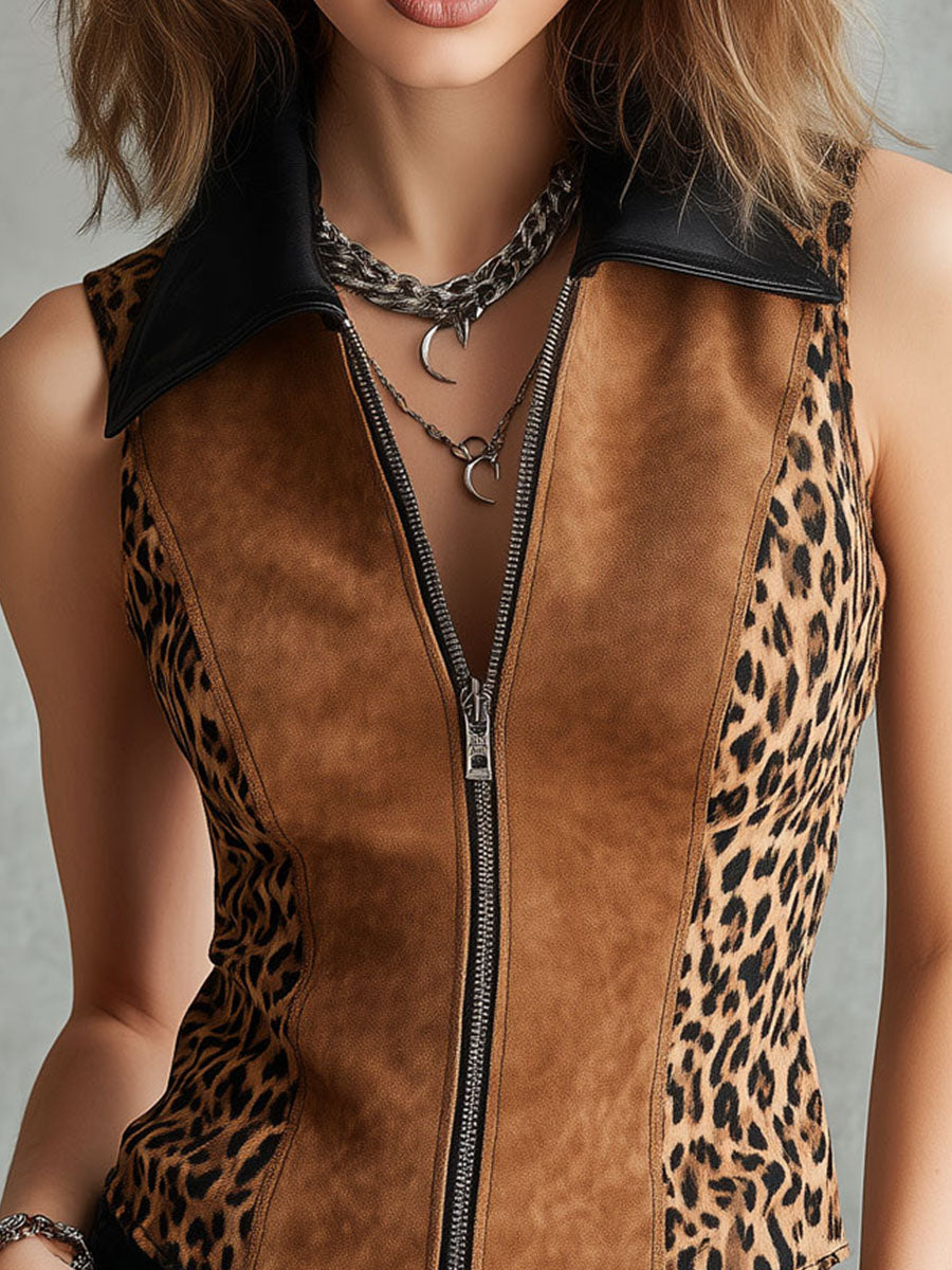Rock-Chic Eco Leather Collar Leopard Print Microsuede Zip-Up Vest