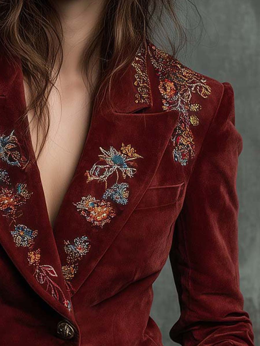 Vintage Burgundy Velvet Embroidered Blazer