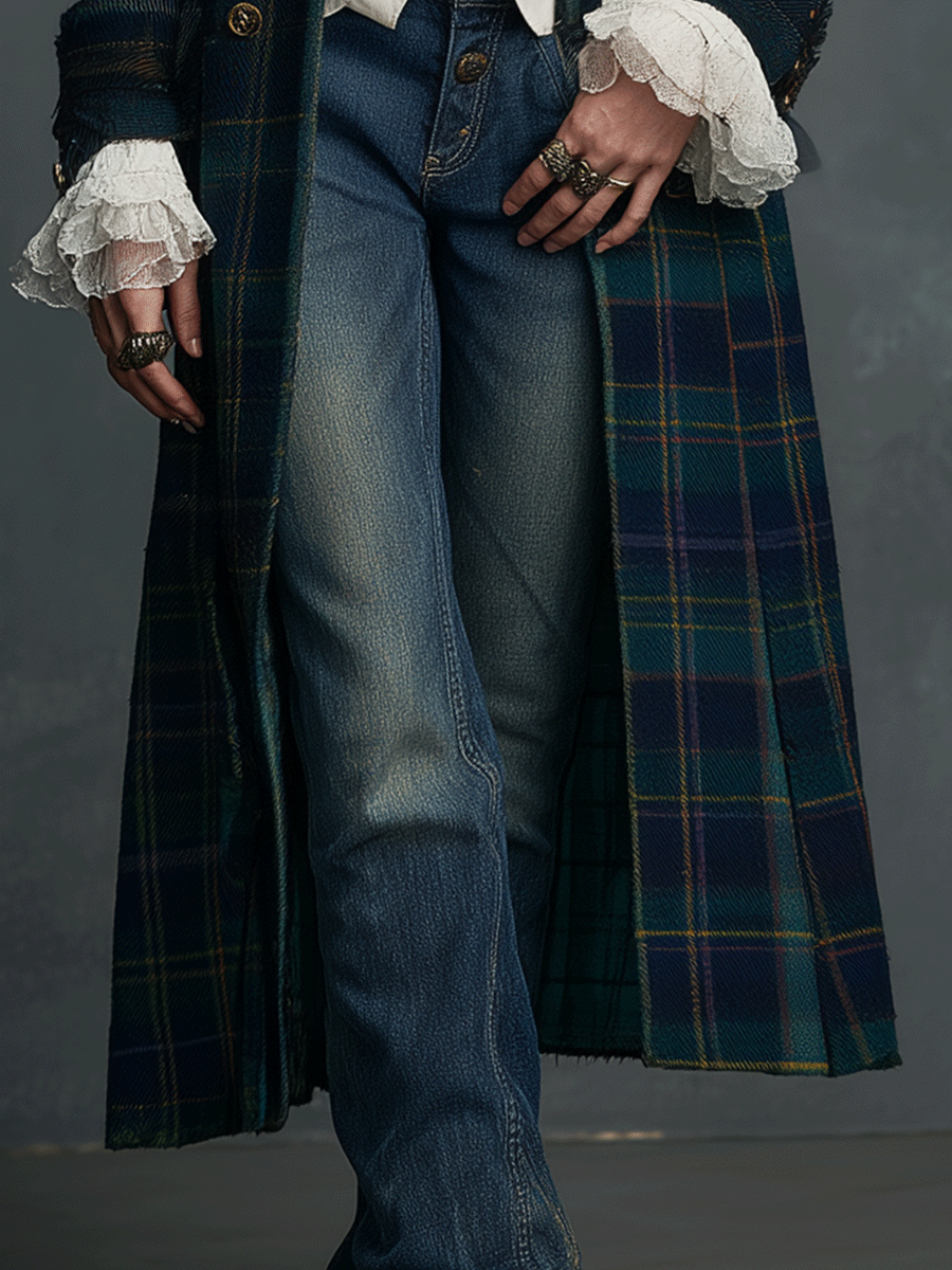 Vintage Navy Tartan Long Military Vintage Gold Buttons Coat