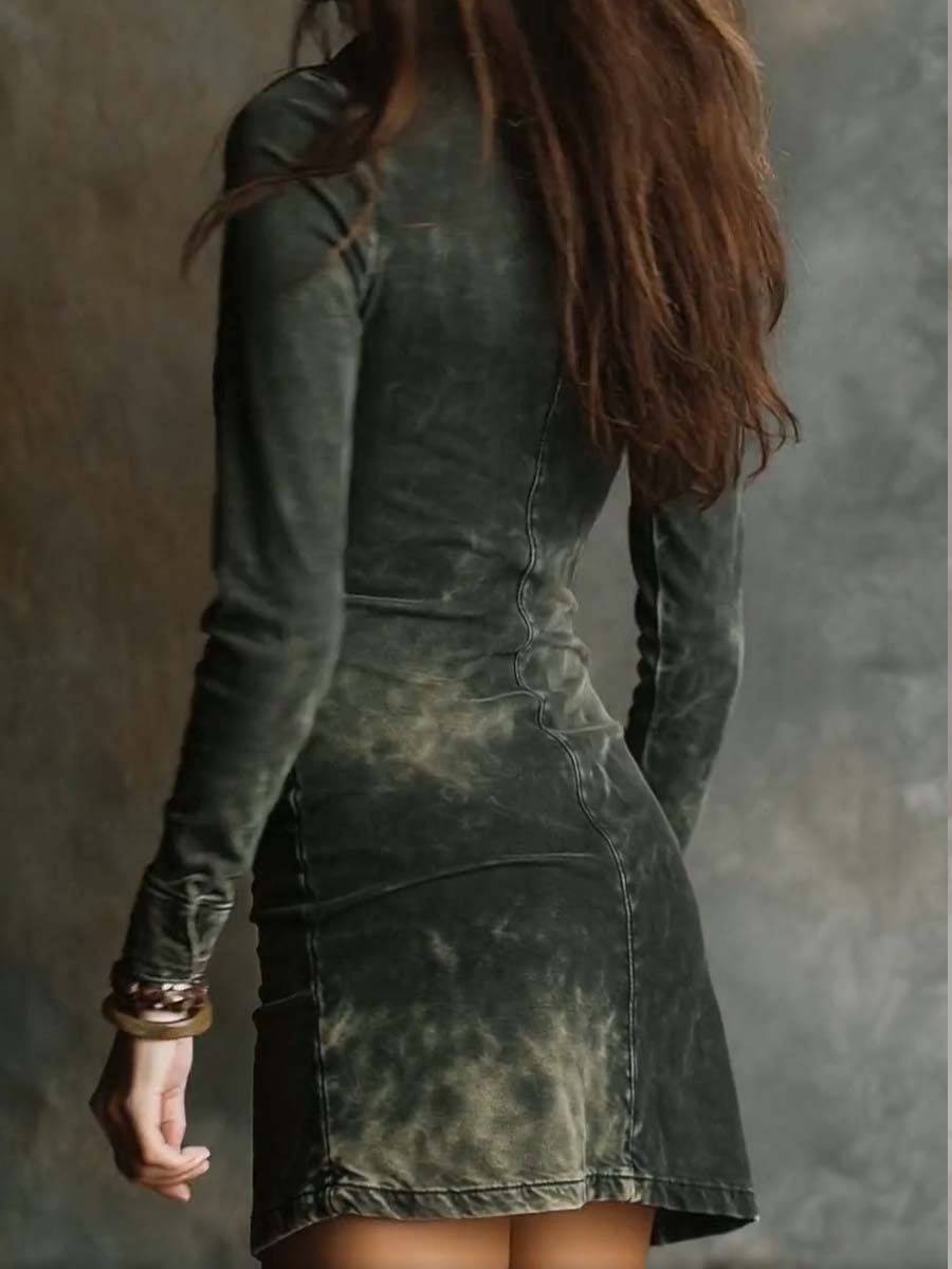 Washed Army-Green Fitted Denim Mini Dress