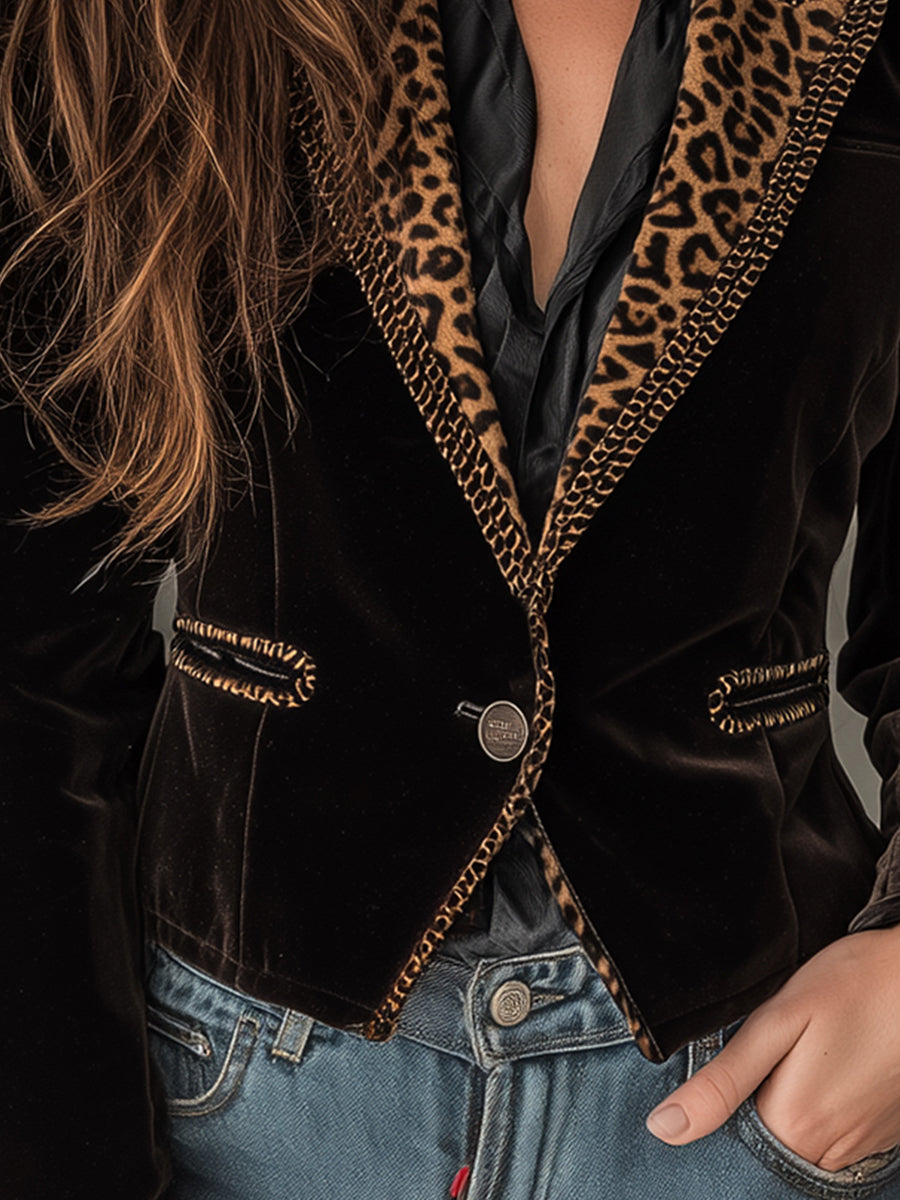 Luxe Vintage Tailored Leopard Print Trim Black Velvet Blazer