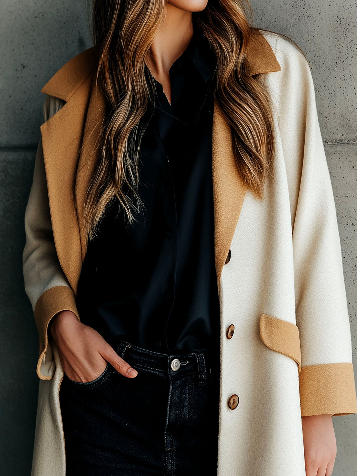 Chic Wool Blend Color Block Tailored Fit Long Overcoat