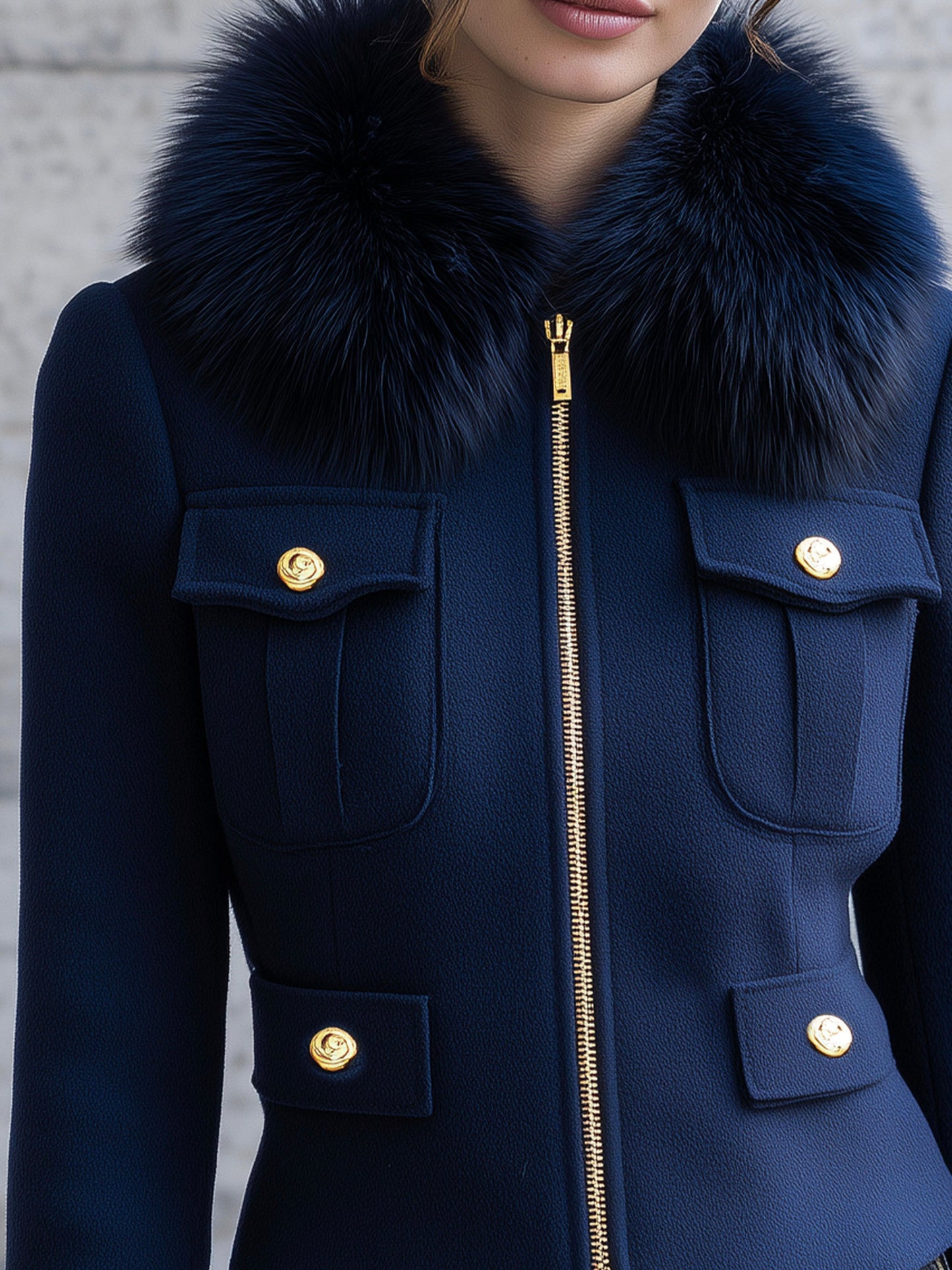 Luxury Eco Fur Collar Navy Wool-Blend Tailored Silhouette Jacket
