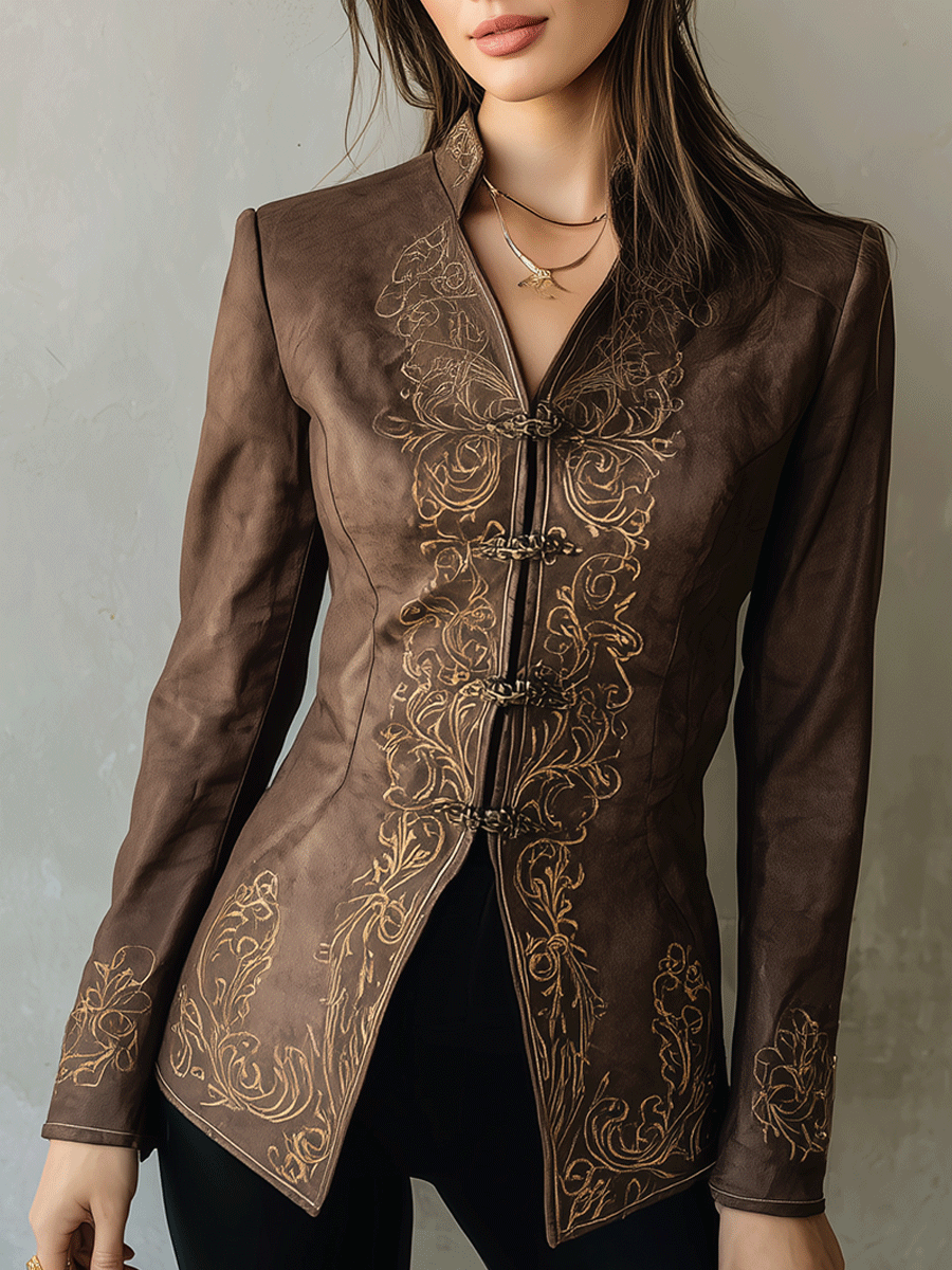 Vintage Brown Embroidered High-Collar Tailored Blouse