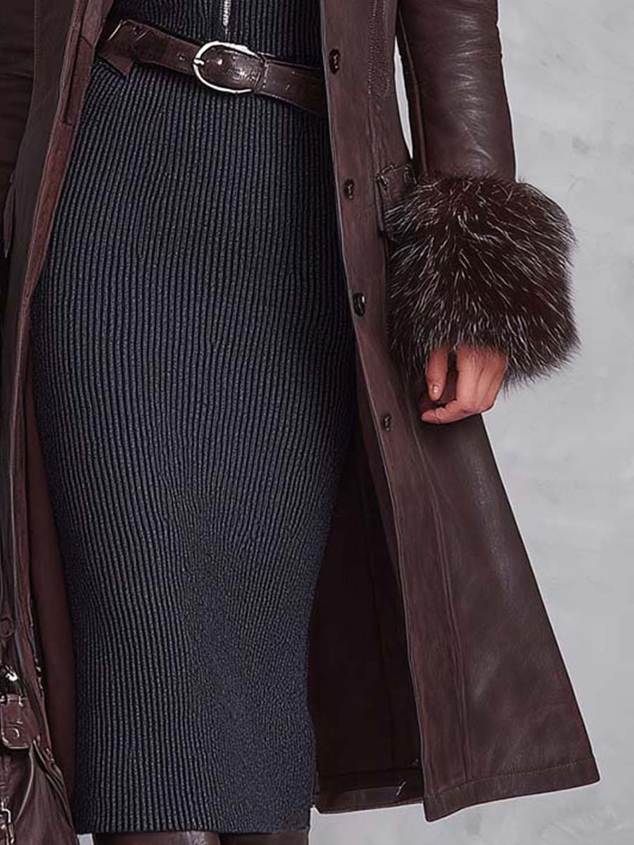 Vintage Reddish Brown Eco-Leather Coat With Detachable Fur Collar