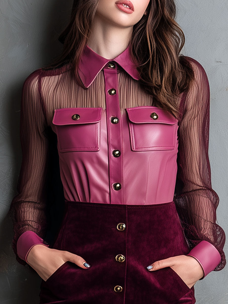 Rose Pink Eco Leather & Sheer Mesh Blouse With Pockets