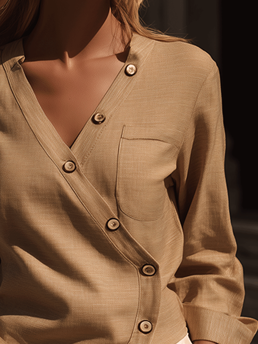Urban Beige Minimalist Cross Asymmetric Button Shirt