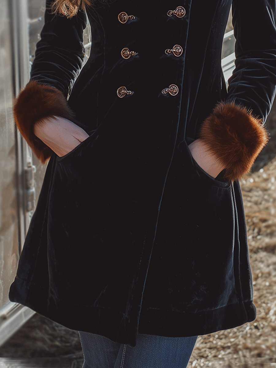 Vintage Black Velvet Double-Breasted Faux Fur Collar And Cuffs Coat